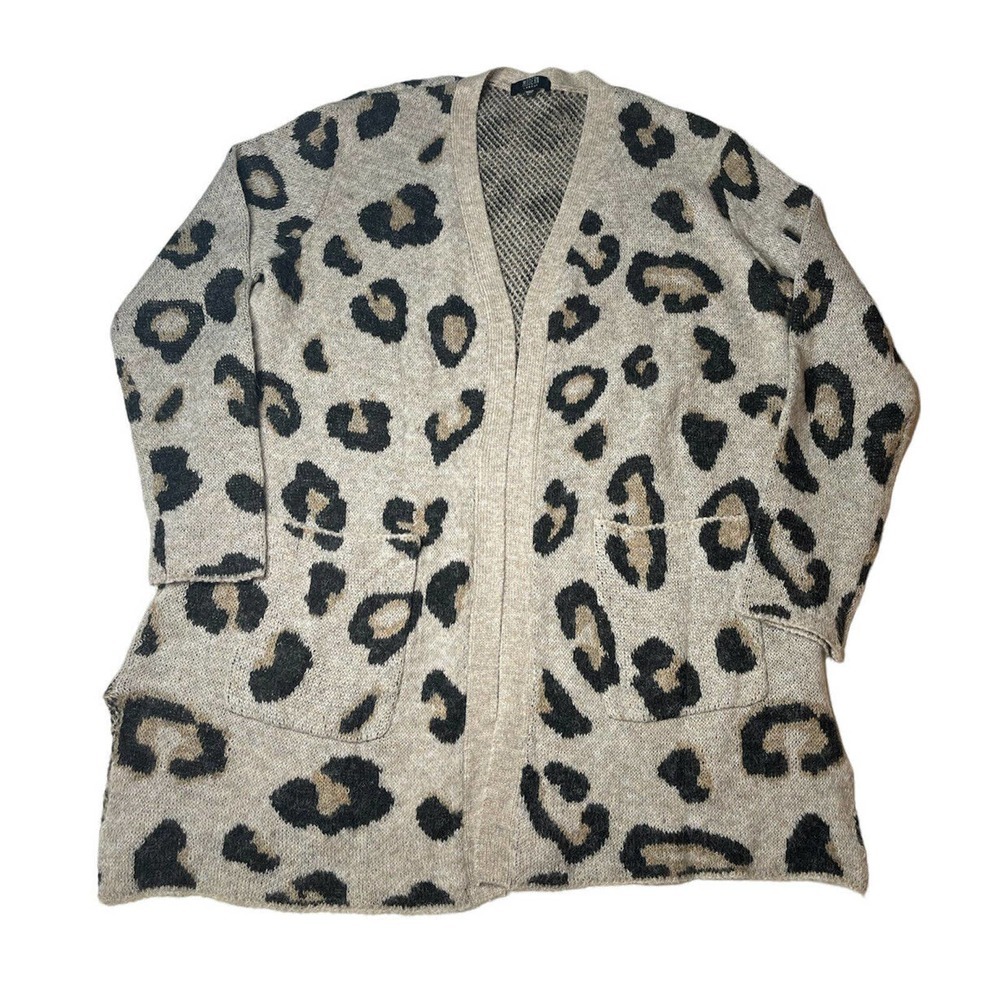 Womens Modern Canvas Open Front Cozy Leopard Animal Print Cardigan Sweater Sz L